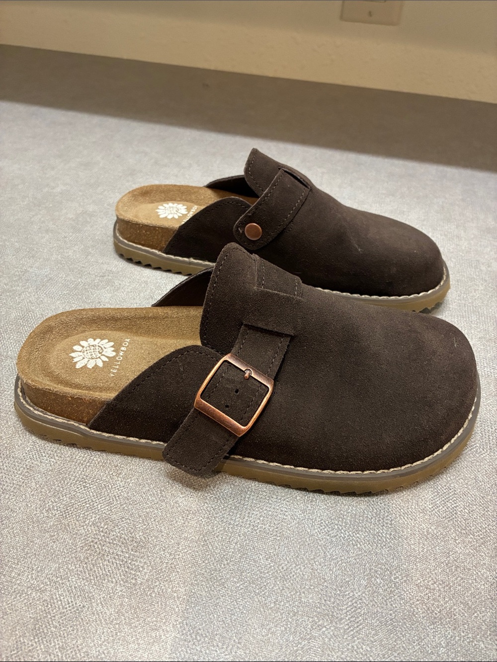 Yellow Box Dark Brown Suede Slip-On Clogs with Buckle